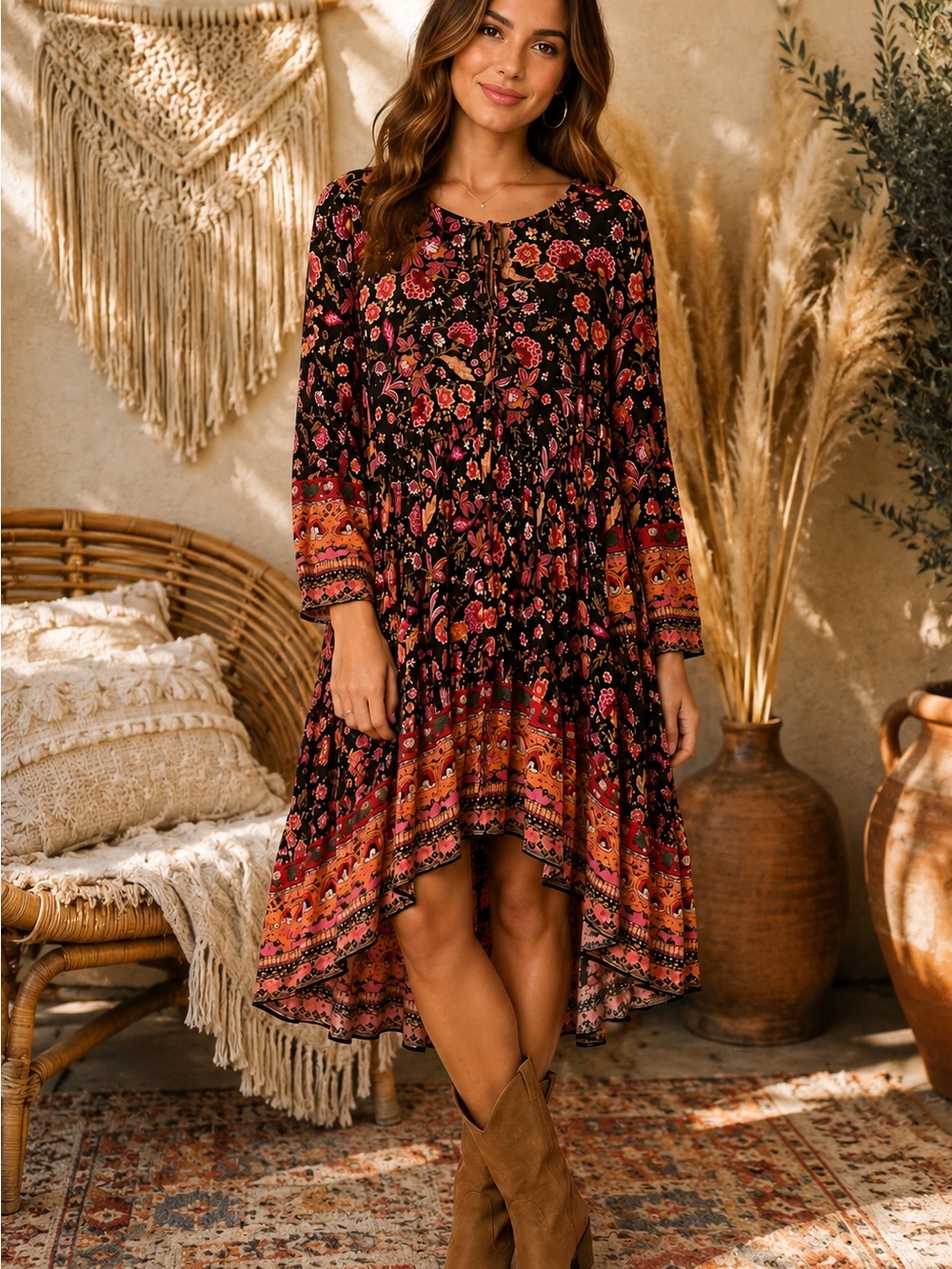 Boho Floral High-Low Dress (080978) 🌼 ☮️